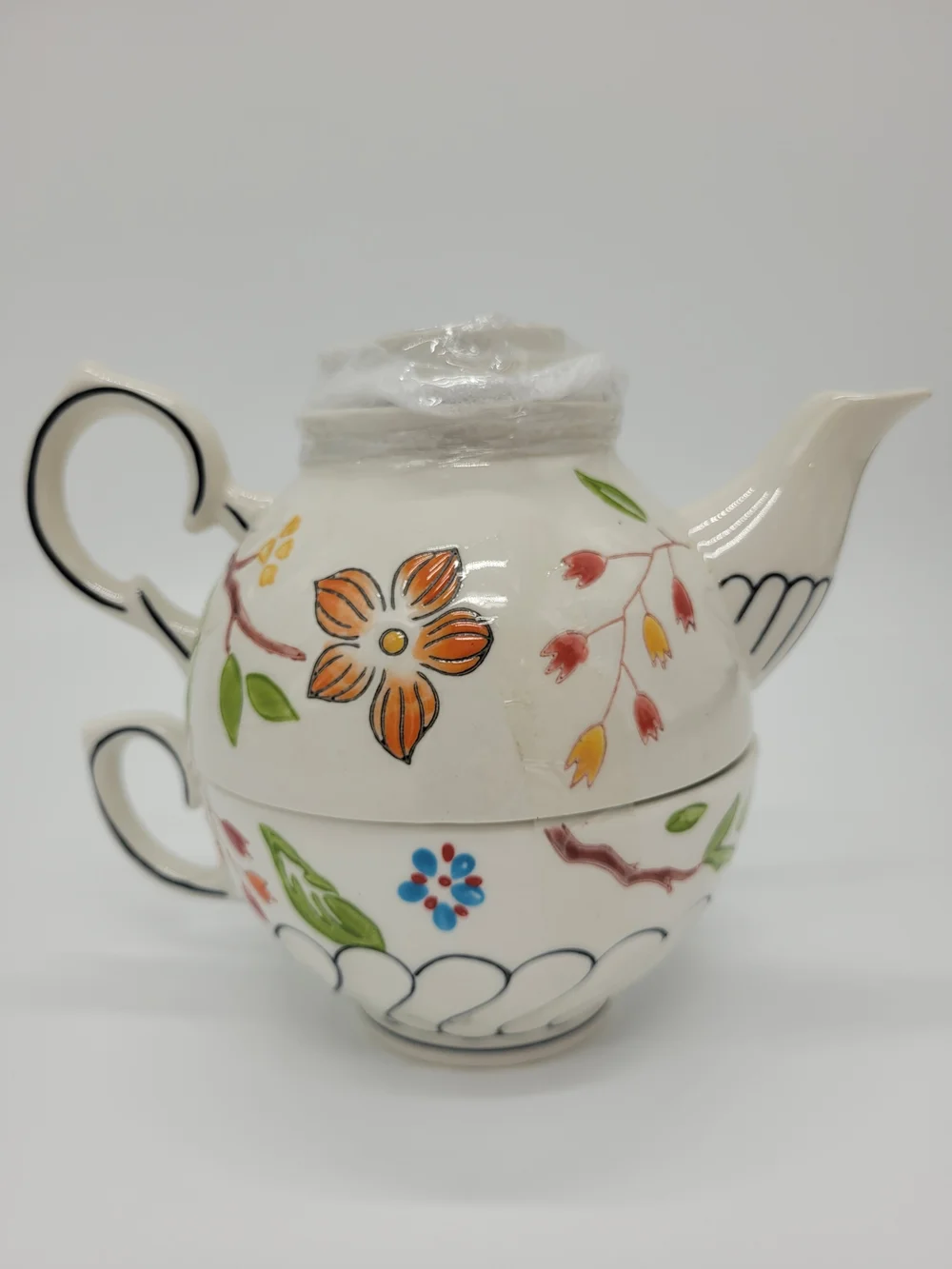 Dutch Wax Floral Ceramic Tea-for-One Set Multicolor Hand-Painted Flowers NEW